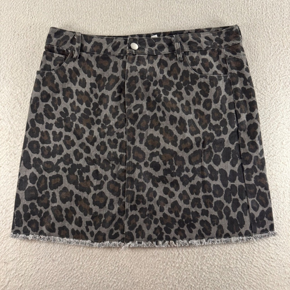 Mittoshop Leopard Print Denim Mini Skirt Women Size M Grey Raw Hem Sleazy Grunge